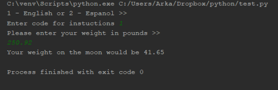 c:IvenvlScripts python.exe C:/Users/Arka/Dropbox/python/test.py 1English or 2 Espanol Enter code for inst Please enter your w
