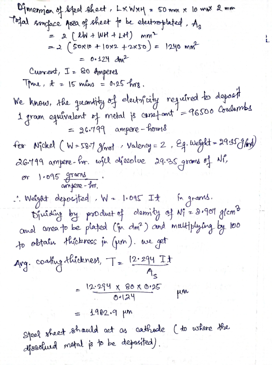 Omennion of sted sheet, LxWxH = 50 mm x 10 mm 2 mm Tofal surface area of sheet to be electroplated. As z 2 (ew + WH + LH) mm²