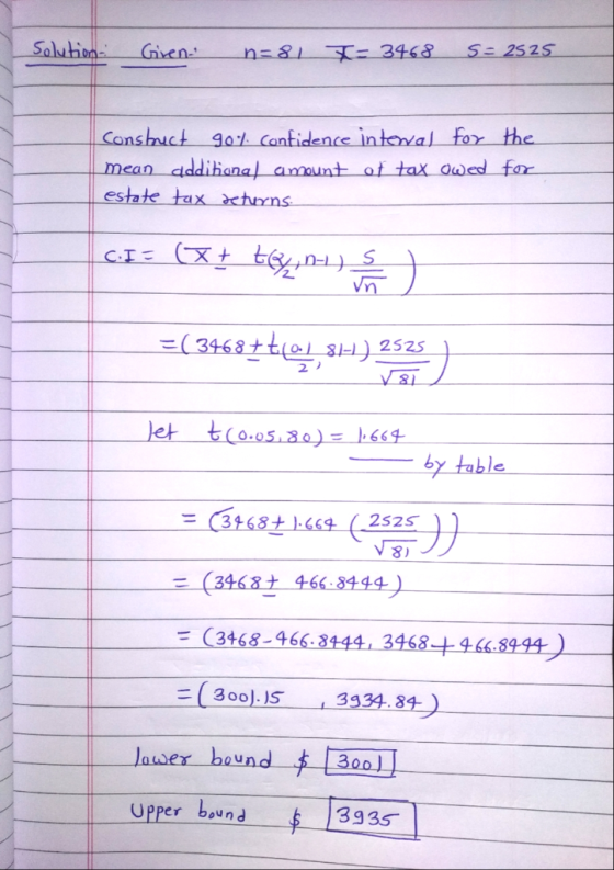 Solution. Given n=81 = 3468 S= 2525 Construct got confidence intewal for the mean additional amount of tax owed for estate ta