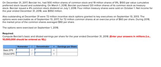 On December 31, 2017, Berclair Inc. had 500 million shares of common stock and 19 million shares of 9%, $100 par value cumula