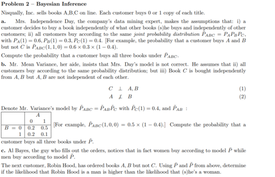 Problem 2 - Bayesian Inference Nisqually, Inc. sells books A,B,C on line. Each customer buys 0 or 1 copy of each title. a. Mr