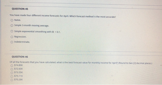 QUESTION 45 You have made four different income forecasts for April. Which forecast method is the most accurate? Naive. Simpl