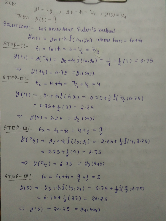 Then y(6) = 2. SOLUTION! - we knew that Eulers method 3(b) yl = 44, gt = h = /2 , Y (3) = 1/4 STED-II- 712 STEP-II!- Intl =