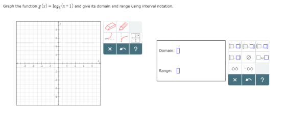 Graph the function g(x)- log3 (x1) and give its domain and range using interval notation Domain: Range