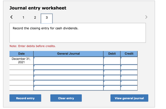 Journal entry worksheet Record the closing entry for cash dividends. Note: Enter debits before credits. General Journal Debit