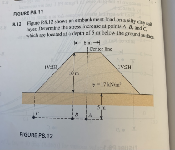 FIGURE P8.11 8.12 Figure P.8.12 shows an embankment load on a layer. Determine the stress increase at points A. B. which are