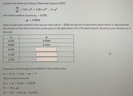Consider the following Ordinary Differential Equation (ODE): dy = 3.0*** + 1.08 * 210 – 3* y2 dat with initial condition at p