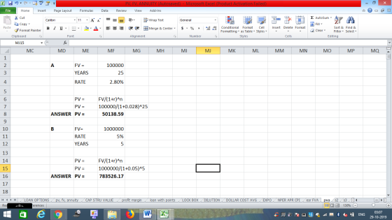 - 2x Σ AutoSum : A PV, FV, ANNUITY (Autosaved) - Microsoft Excel (Product Activation Failed) File Home Insert Page Layout For