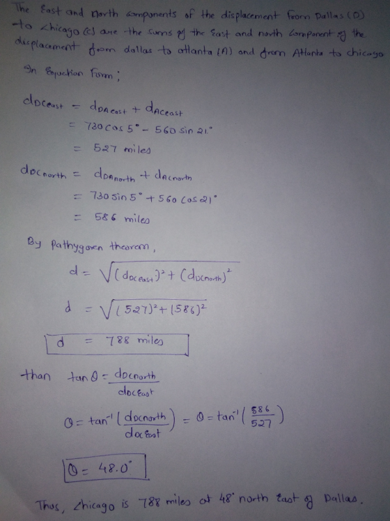 e East and north omponents of th e displacement from orn Pallas cago (c) are the surns →he east and noth Smponer+ the aament om dallas to artlanta lA) and drem Attarta to hic go dDA cast aAceast ← 730 COs 5.-560.sin 21. 527 miles 5&6 miles ey pathygoen thearerm DCnoth d て88 mleg than an -do c Dot clocEag 58 6 527 dl or ecat 48.0 ot 48, ta pallas Thus, Lhicago is て 88 mtle north aa