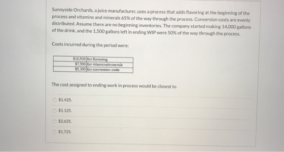 Sunnyside Orchards, a juice manufacturer, uses a process that adds flavoring at the beginning of the process and vitamins and