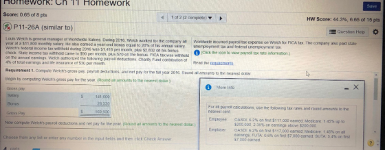 nomework.cn 11 Homework Save Score: 0.65 of 8 pts 1 of 2 (2 complete) HW Score: 44.3%, 6.65 of 15 pts 11-26A (similar to) Question Help * Louls Welch is general manager of Worldwide Salons During 2016, Welch worked for the company all Worldide incurred payroll tax year at a S 11,800 monthly salary He also earned a year-end bonus equal to 20% expense on Welch for FICA tax. The company also paid state l income tax withheld during 2016 was $1.416 per month, plus $2 832 on his bonus of his annual salary unemployment tax and federal unemployment tax. check State income tax withheld came to $90 per month, pius $70 on the bonuFICt wbe on the annual earnings. Welch authorized the tollowing payroll deductions Charity Fund contribution of 4% of total earnings and life insurance of S30 per month (Click the icon to view payroll tax rate information ) Read the requirements. Requirement 1. Compute Welchs gross pay, payroil deductions, and net pay for the full year 2016 Round all amounts to the nearest dollar Begin by computing Welchs gross pay for the year (Round all amounts to the nearest dolar.) Gross pay Salary Bonus Gross Pay More Info 141,600 28 320 169,920 For all payroll calculations, use the following tax rates and round amounts to the nearest cent Employee: Employer OASDI 6.2% on nrst S 117.000 earned. Medicare 1 45% up to $200.000. 2.35% on earnings above S200.000 OASDI 6 2% on first S1 17,000 earned. Medicare 1.45% on all earnings. FUTA: 0.6% on first S7,000 earned SUTA 5.4% on trst $7,000 earned Now compute Welchs payroll deductions and net pay for the year (Round al amounts to the nearest dollar) Choose from any list or enter any number in the input fields and then cick Check Answer