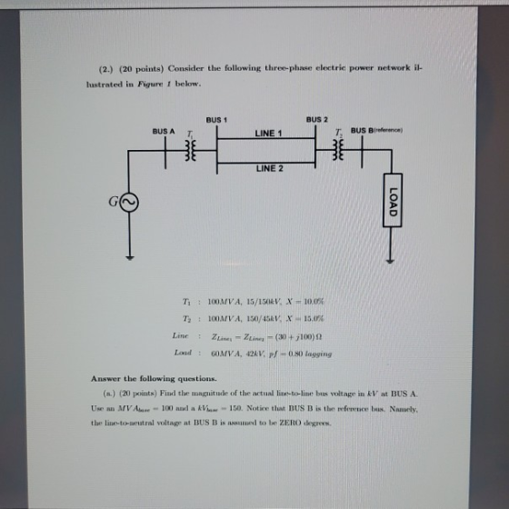 (2.) (20 points) Consider the following three-phase electric power network il- lustrated in Figure I below. BUS 1 BUS 2 BUS A