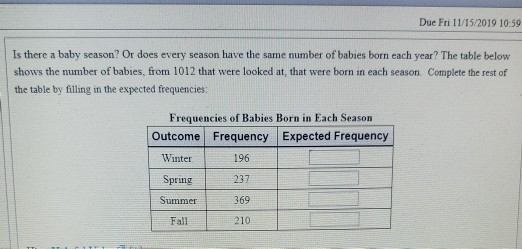 Due Fri 11/15/2019 10:59 Is there a baby season? Or does every season have the same number of babies born each year? The tabl