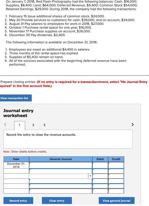 On January 1, 2018, Red Flash Photography had the following balances: Cash, $16,000; Supplies, $8,400; Land, $64,000; Deferre