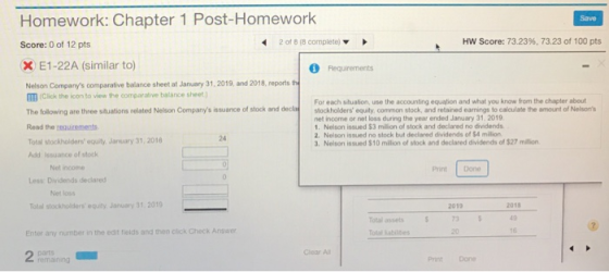Homework: Chapter 1 Post-Homework Save Score: 0 of 12 pts 2 of 8 (8 complete HW Score: 73.23%, 73.23 of 100 pts X E1-22A (sim