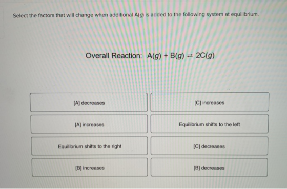 Select the factors that will change when additional A(g) is added to the following system at equilibrium. Overall Reaction: A
