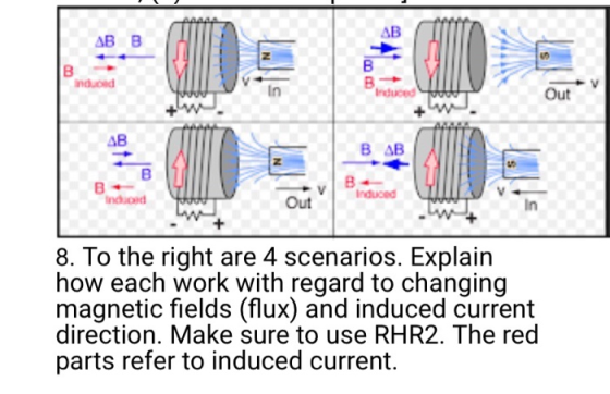 AB AB B 8 In Out AB 8 nduoed Out In 8. To the right are 4 scenarios. Explain how each work with regard to changing magnetic fields (flux) and induced current direction. Make sure to use RHR2, The red parts refer to induced current.