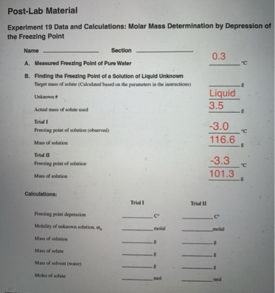 Post-Lab Material Experiment 19 Data and Calculations: Molar Mass Determination by Depression of the Freezing Point 0.3 Name