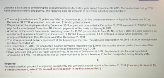 Jaworskis Ski Store is completing the accounting process for its first year ended December 31, 2018. The transactions during