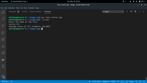 Activities y Visual Studio Code Tue Mar 24, 01:21 test_scores.cpp - HomeworkLib - Visual Studio Code 99% - ox File Edit Selection V