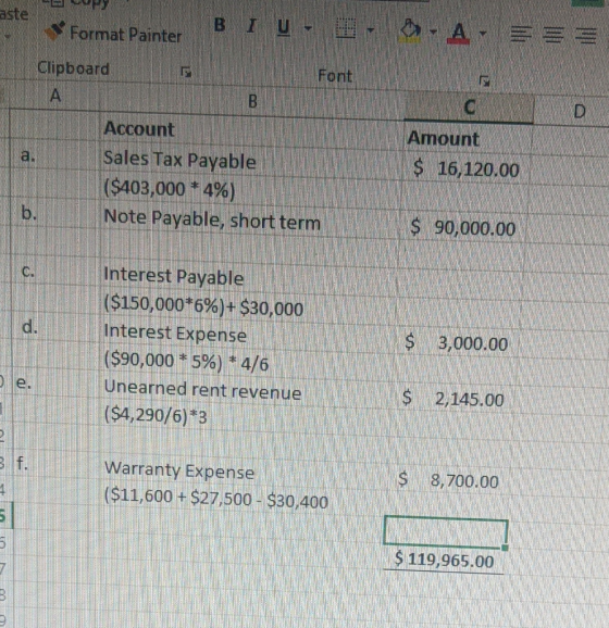ster U - - - A Format Painter BI to Clipboard B Account Sales Tax Payable ($403,000 * 4%) Note Payable, short term Amount $ 1