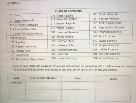 QUESTION 3 CHART OF ACCOUNTS 101 Cash 401 Service Revenue 211 Notes Payable 212 Accounts Payable 491 Interest Revenue 111 Not
