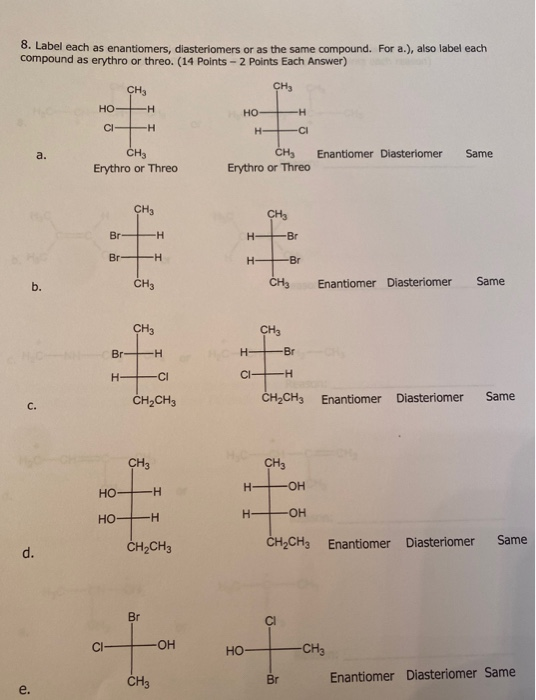 8. Label each as enantiomers, diasteriomers or as the same compound. For a.), also label each compound as erythro or threo. (
