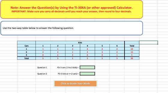 Note: Answer the Question(s) by Using the TI-30XA (or other approved) Calculator. IMPORTANT: Make sure you carry all decimals until you reach your answer, then round to four decimals Use the two-way table below to answer the following question Kids Cars Total 10 15 Total 30 Question 1 P(<3 cars | 3 to 5 kids)- Question 2 P(>3 kids or 2 cars)- Click to Grade Your Work