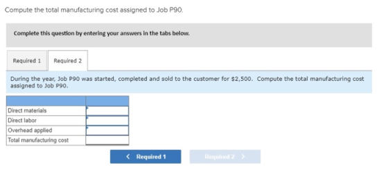 Compute the total manufacturing cost assigned to Job P90. Complete this question by entering your answers in the tabs below.