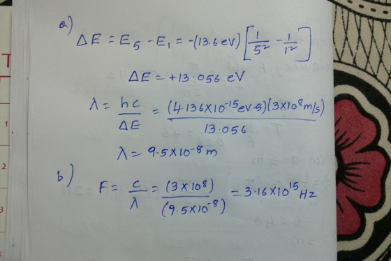 e) △E: E5-Е.--(v3.tev)E △E~ +13.056 eV ΔΕ 13 056 2 入 (9.5kg?)