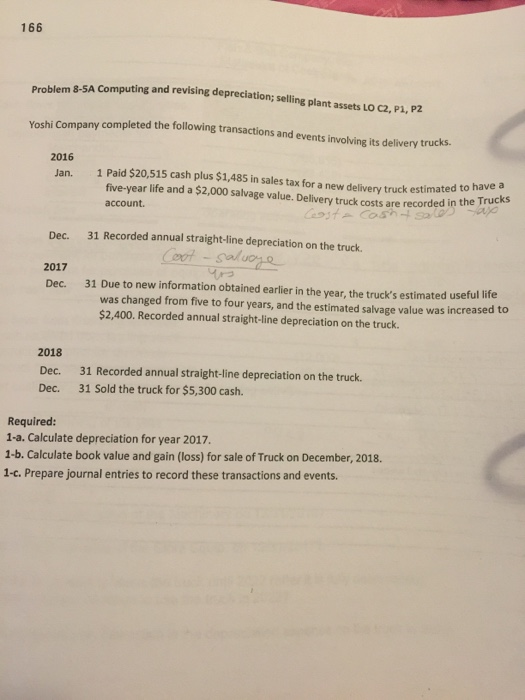 166 Problem 8-5A Computing and revisine depre 8.5A Computing and revising depreciation, selling plant assets LO C2. P1, P2 ve