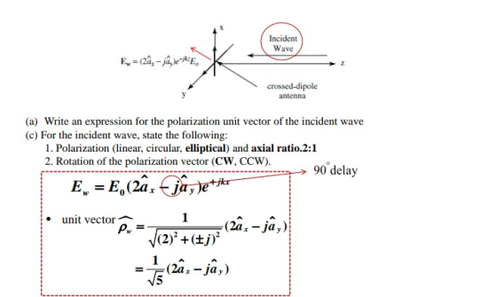 Incident Wave crossed-dipole antenna (a) Write an expression for the polarization unit vector of the incident wave (c) For the incident wave, state the following: 1. Polarization (linear, circular, elliptical) and axial ratio.2:1 2. Rotation of the polarization vector (CW, CCw) 90 delay unit vector12a, -ja, Pw V5