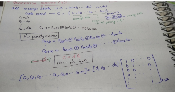 V kumen JENERATOR MATRIX (GUS- Ket message block d .= (doda.....du) ik bite) Code word c = (ciola...ck . Chtm =d, 1 message b