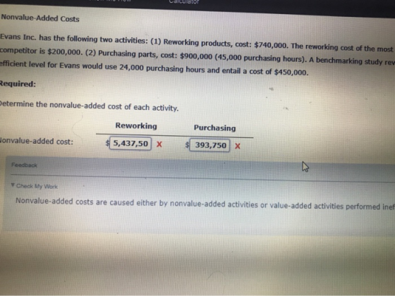 CO Wonvalue Added Costs Evans Inc. has the following two activities: (1) Reworking products, cost: $740,000. The reworking co