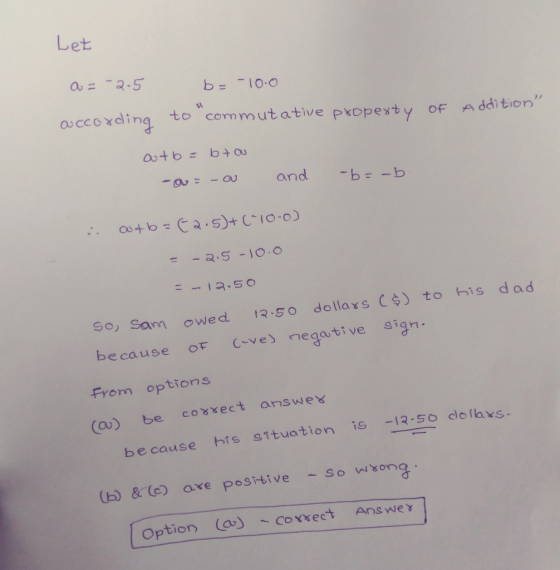 Let o ccoxdiną to commutative pxopesty of Addition 13-50 So, Sam owed 1. dollaxs C) to his d ad beca use OF C-ve) negative s