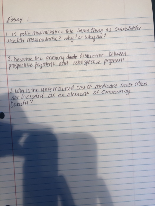 Essay 、 1 15 Potit maui mi2ah on he Same thing as shareholder Desenie the pm d dishnch on between ch ve pajmen 3. why is tne une mbursed Cost Of mediare most en det inchueleal as an elment et Cemmunity eneht 2