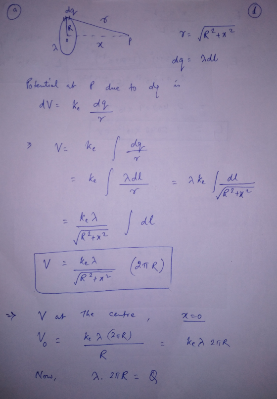 O 8 = R²+x² 2 dg = Adl to do in Potential at p due dV = ke dq V ke f der ke lade – ake ( de , x=0 V at V = the centre kea (20