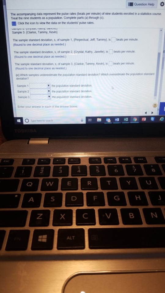 Question Help The accompanying data represent the pulse rates (beats per minute) of nine students enrolled in a statistics co
