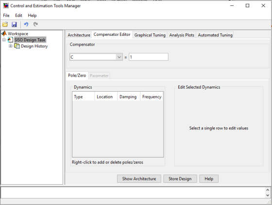 - 0 x Control and Estimation Tools Manager Edit Help File Architecture Compensator Editor Graphical Tuning Analysis Plots Aut