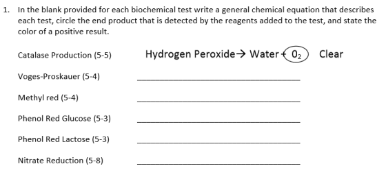 In the blank provided for each biochemical test write a general chemical equation that describes each test, circle the end pr