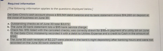 Required information [The following information applies to the questions displayed below.) Del Gato Clinics cash account sho