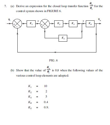 e 7. (a) Derive an expression for the closed loop transfer function for the e, control system shown in FIGURE 6 к, к, K к, FI