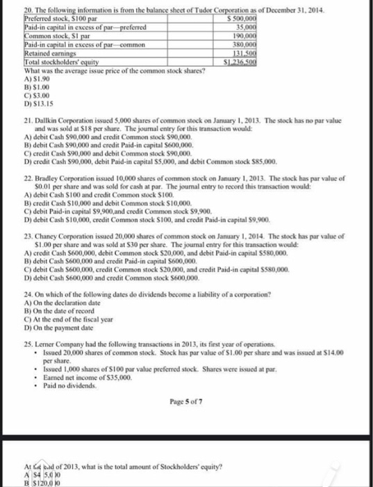 20. The following information is from the balance sheet of Tudor Corporation as of December 31, 2014 Preferred stock, S100 pa