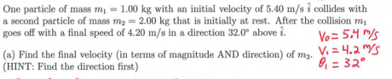 One particle of mass m1 = 1.00 kg with an initial velocity of 5.40 m/s i collides with a second particle of mass m2 = 2.00 kg