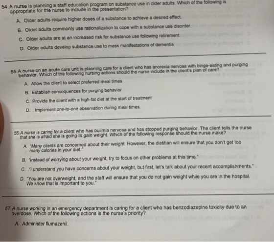 54.A nurse is planning a staff education program on substance use in older adults. Which of the following is appropriate for