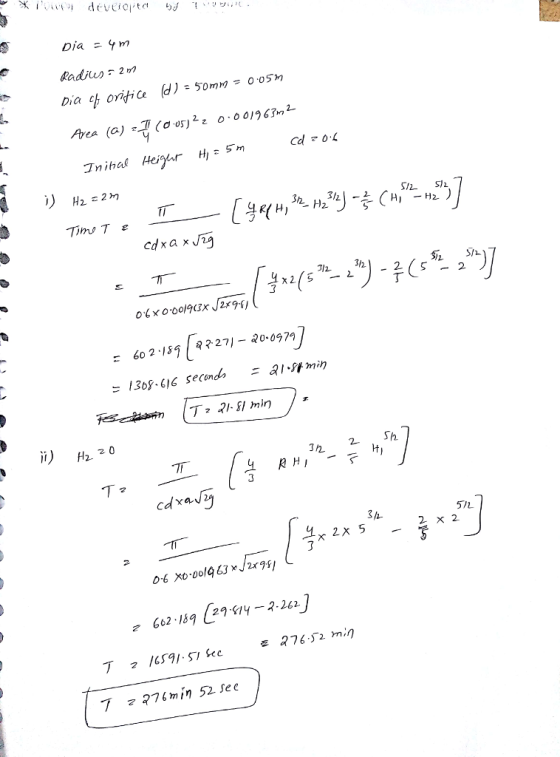 Dia Ym Radius 2 Area (A) ?] (Ο o5)21 0.001963 H2 2 J/23/2 ะ 602-189|93. 271-ao. 0979 = 130S-LIC seconda If min ii) H2 20 Ht 3/h 2 x 2 62 16 29 1y 3-262. 276.52 mn