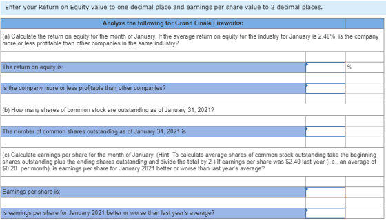 Enter your Return on Equity value to one decimal place and earnings per share value to 2 decimal places. Analyze the followin