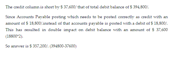 The credit column is short by $ 37,600/ that of total debit balance of S 394,800/ Since Accounts Payable posting which needs to be posted correctly as credit with an amount of S 18,800/instead of that accounts payable is posted with a debit of $18,800/ (18800*2). So answer is S 357,.200/. (394800-37600)