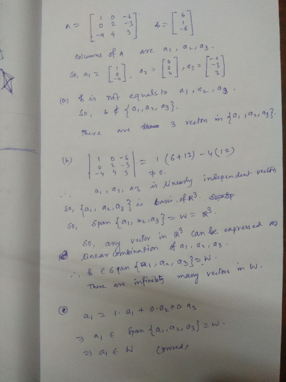 Columns of A are a, a, az. So, ay> [t] - [] - 13 (as I is not equals to al az, az So, 64 {a,, 92, 93}. there are there 3 rect