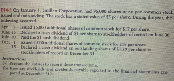 E14-1 On January 1, Guillen Corporation had 95,000 shares of no-par common stock issued and outstanding. The stock has a stat